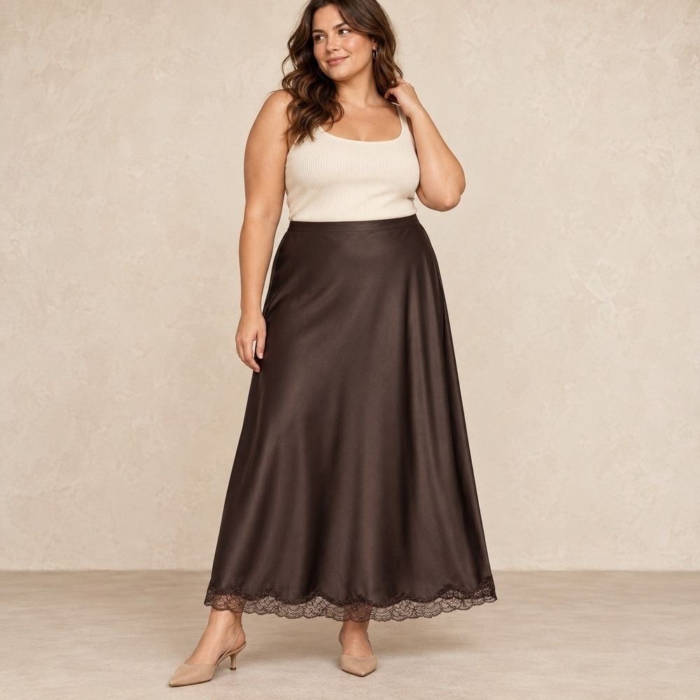 Autres Filles Women's Skirt Brown Satin Lace Trim Maxi XL Y2K Coquette Romantic